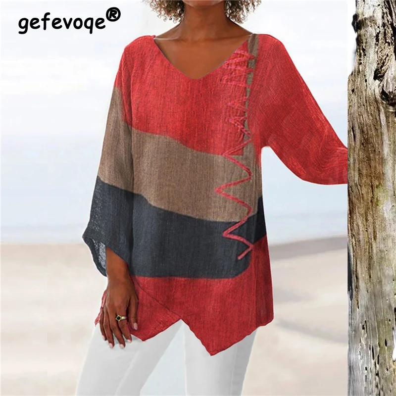 Vrouwen Retro Contrast Colar Print Onregelmatige Katoenen Linnen Blouses Lente Herfst V Hals Lange Mouw Shirts Dames Losse Tuniek Tops