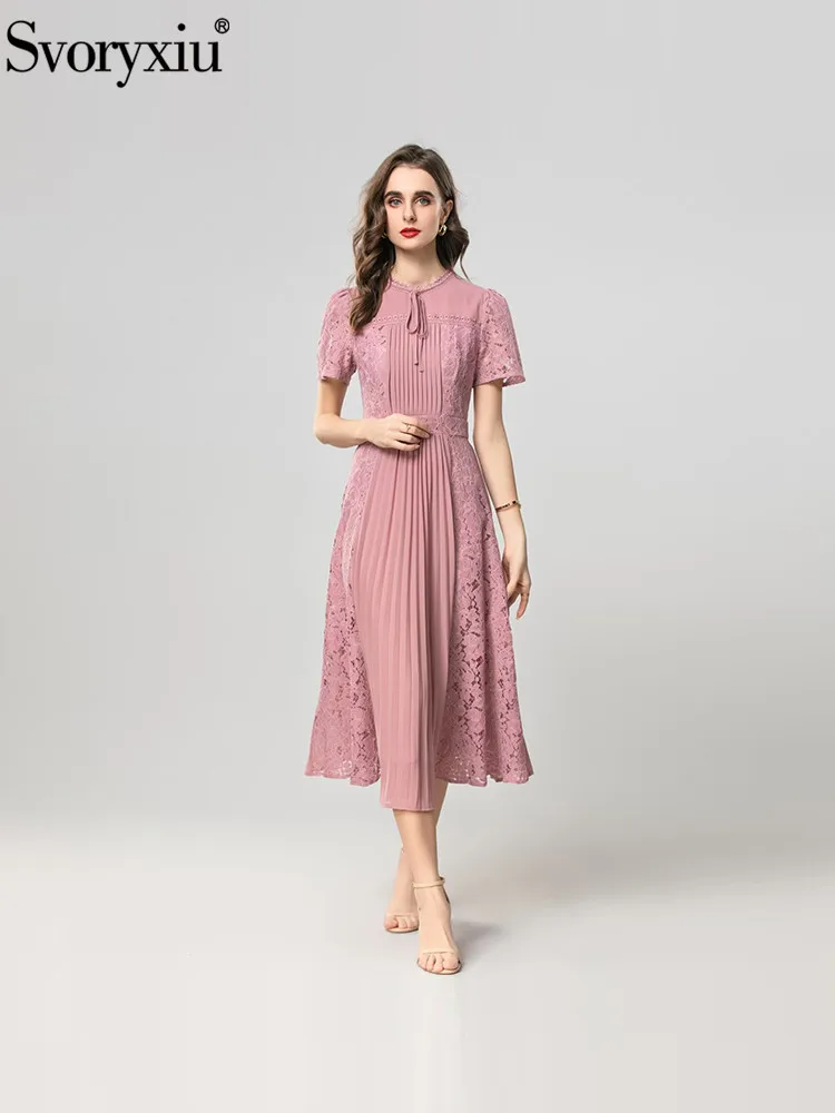 

Svoryxiu Summer Fashion Runway Pink Elegant Midi Dress Women's Bow O-Neck Short Sleeve Lace Pleated Patchwork A-Line Dresses