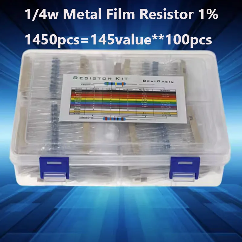 1450pcs Colour Ring Resistors 1/4W Metal Film 1% Precision Resistor Packs Mixed Pack (1Ω~1M)