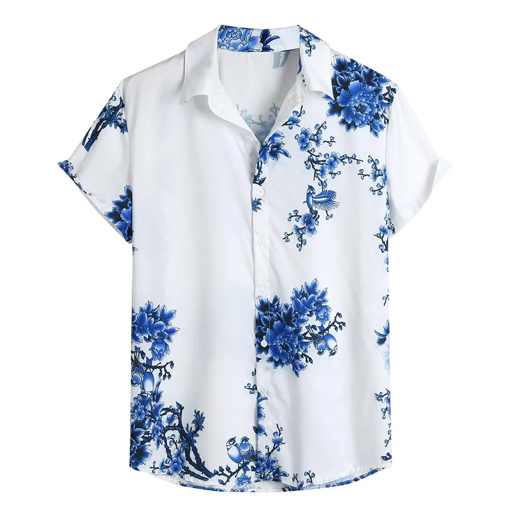 

Chinese Sle Men's ort Sve irt Plum Blossom Print Summer Faionable Youth Stand Fit Busin Casual Cotton irt