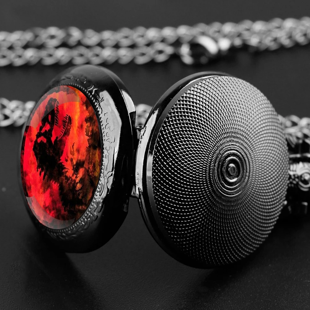 Dinosaur Glass Dome Quartz Pocket Watch With Durable Chain Arabic Numeral Dial Halloween Gifts for Men Women Kids