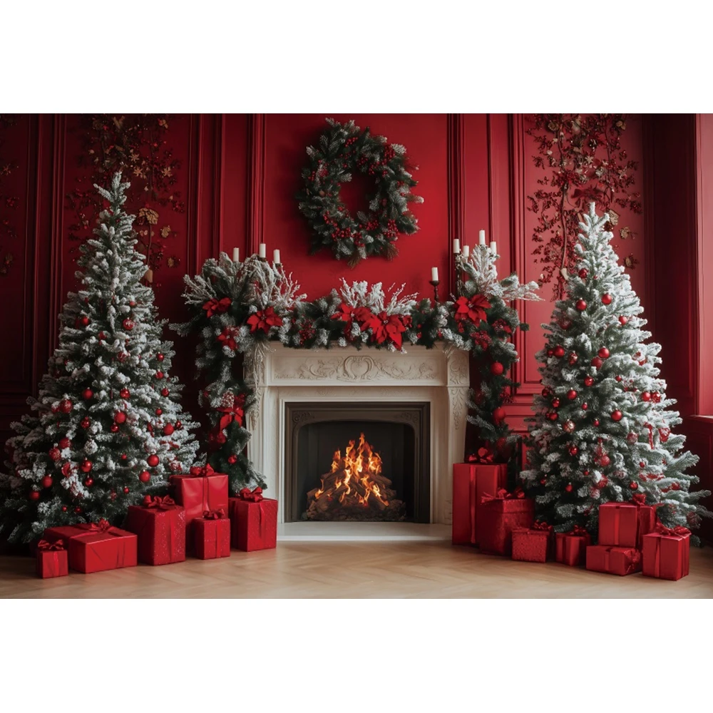 جدار أحمر عيد الميلاد التصوير خلفية الموقد جارلاند شجرة عيد الميلاد ديكور حفلات الأسرة صورة الاطفال صورة صور الخلفيات