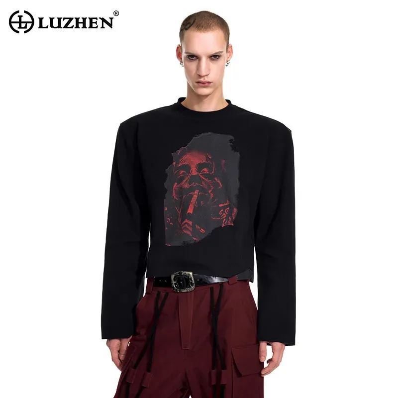 

LUZHEN 2025 Новая модная лоскутная футболка с красивым узором и круглым вырезом и длинными рукавами, мужская модная уличная повседневная мужская одежда JY5009