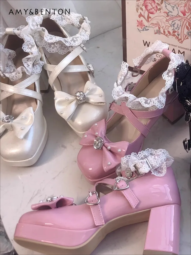 

Japanese Fairy Style Sweet Pearl Bow Lace Thick Sole Chunky High Heel Lolita Single Shoes Elegant Versatile Princess High Heels