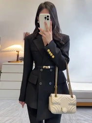 Veste de costume longue noire à la mode pour femme, coupe couvertes en métal, double boutonnage, veste irrégulière, veste de bureau décontractée, haut de gamme