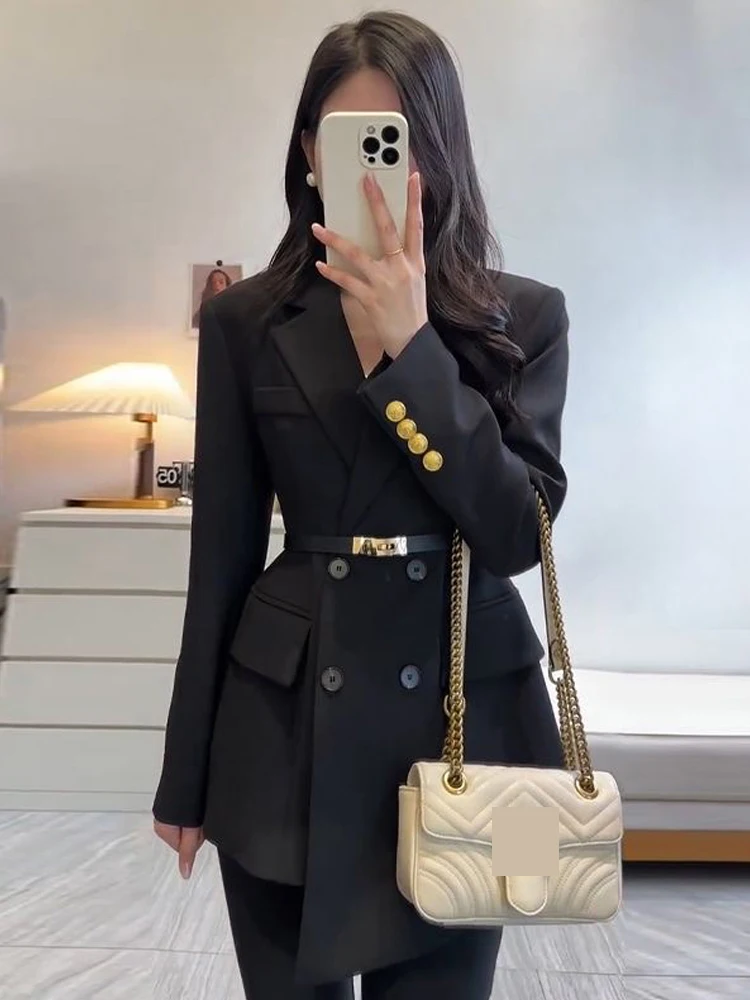 fashionable black long suit jacket high-end slim fit metal double-breasted irregular suit jacket women's casual office long jack