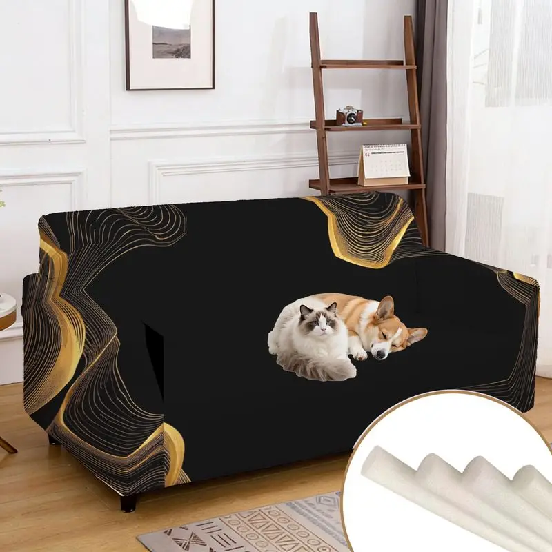 

Чехол для дивана, черно-золотой, с волнистыми линиями, абстрактный дизайн, современный художественный узор, интегрированный чехол для дивана