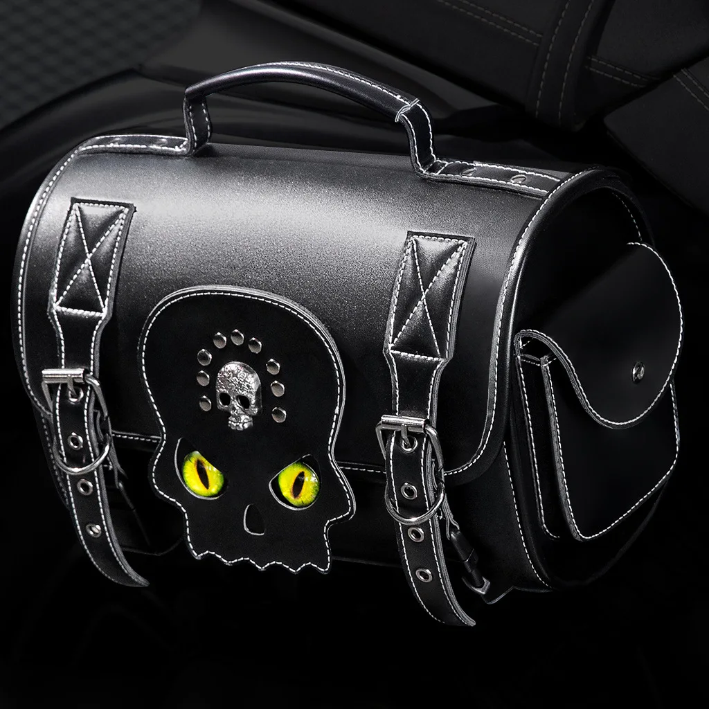 Cat-eye handlebar motorcycle tail bag with reinforced stitching and dual adjustable straps, large-capacity storage pouch