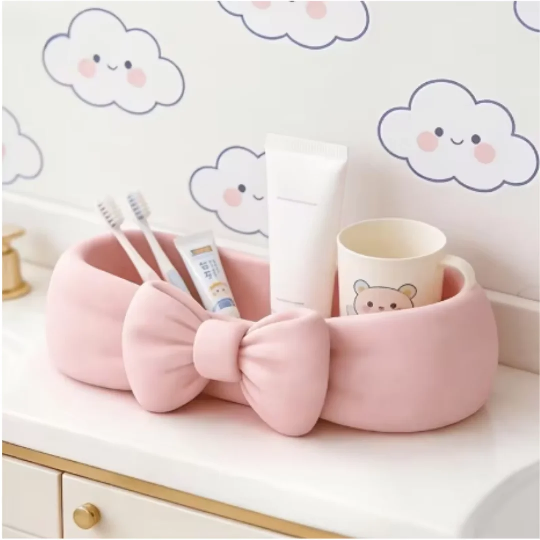 1Pc Cute Bow Makeup Tray Skincare Organizer Countertop Storage Box For Bathroom Vanity Dresser Desk Toothbrush Cosmetic Hol