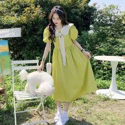 Women French Peter Pan Collar Lace Up Bow Kawaii Sweet Chic Casual Dresses Summer Trendy Short Sleeve Loose Midi Dress Vestidos