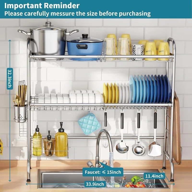 Stainless Steel 2-Tier Over The Sink Dish Drying Rack with Utensil Holder, Large, for Kitchen Counter