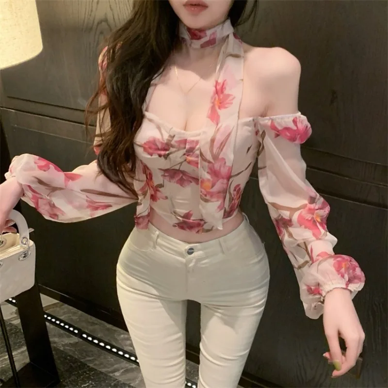 Ezgaga Sexy Blouse Women Elegant Floral Printed Square Collar Long Sleeve Crop Tops Vintage Sweet Ladies Shirts Casual