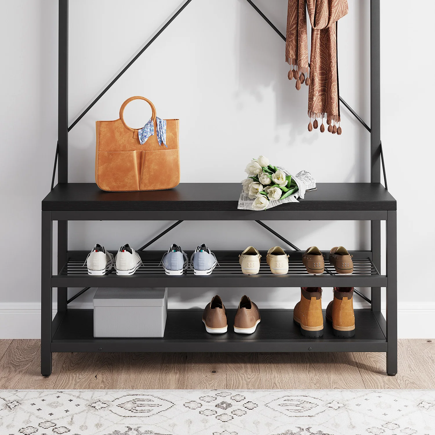 Industrieller Garderobenständer mit Schuhwechselbank, 2-stufiger Schuhablage, Haken, Kleiderstange, Metallrahmen für Flur, Garderobe, Schlafzimmer – Detail 7