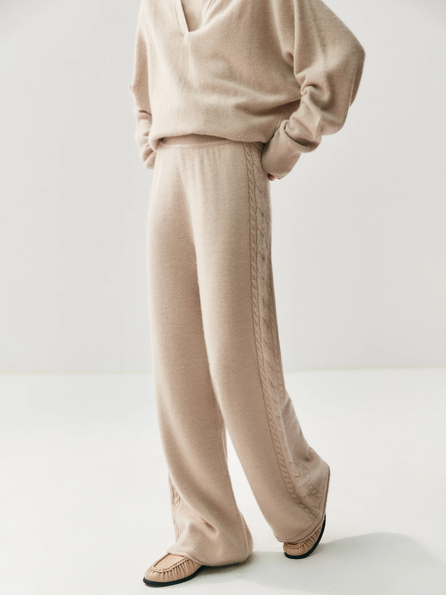 

High Waist Knitted Wide Leg Pants Women's Casual Outerwear ey Color Straight Cut Trousers Simple Sle Wool Blend