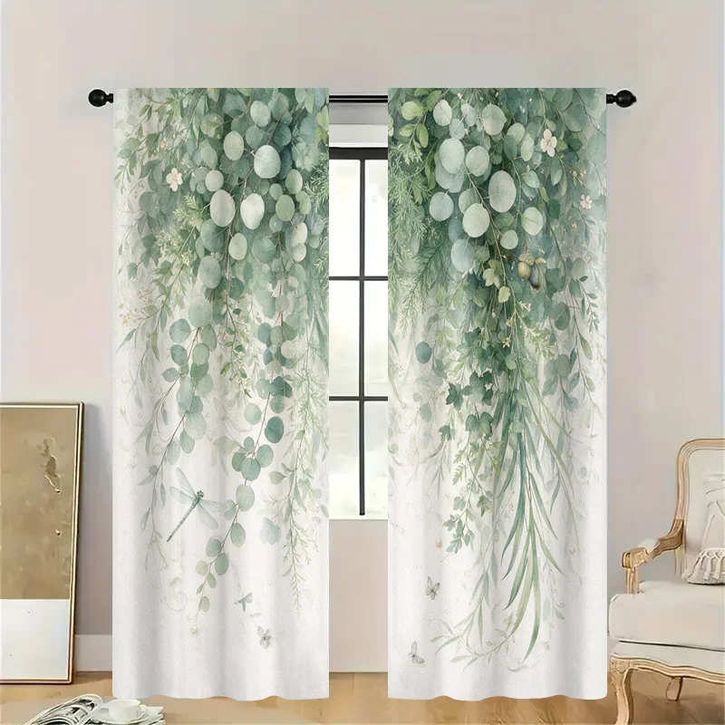 Botanical Eucalyptus Leaf Pattern Sheer Curtains for Bathroom Kitchen Window Drapes Boho Greenery Home Decor Light Filtering Pan