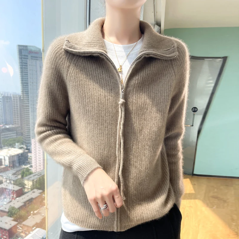 

Autumn New Knitted Cardigan Turtleneck Thick Zipper Design Fashion High-End Elegant Comfortable Knitted Sweater Cardigan-GH483