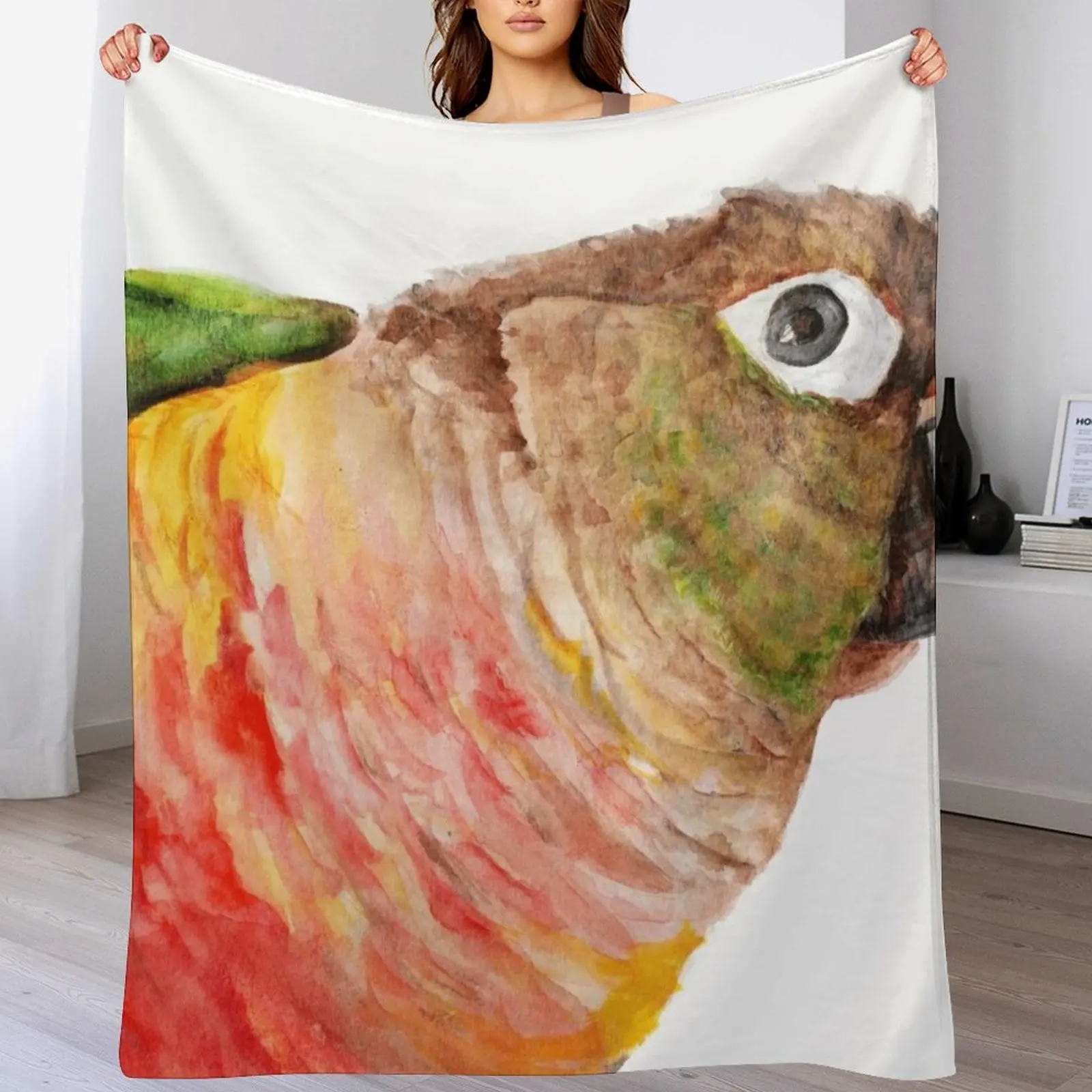 Green-cheeked Conure - Watercolor Art Red Yellow Green Throw Blanket Faux Fur Soft Warm Blanket for Bed