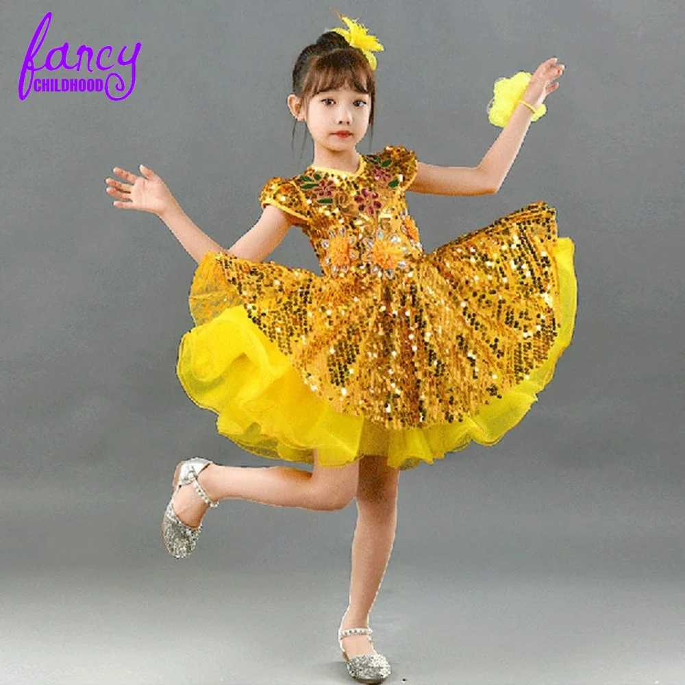 Sparkly 2022 Flower Girl Dresses Golden Sequined Kids Wedding Dresses Cheap Communion Gowns Little Girl Yellow Pageant Dress