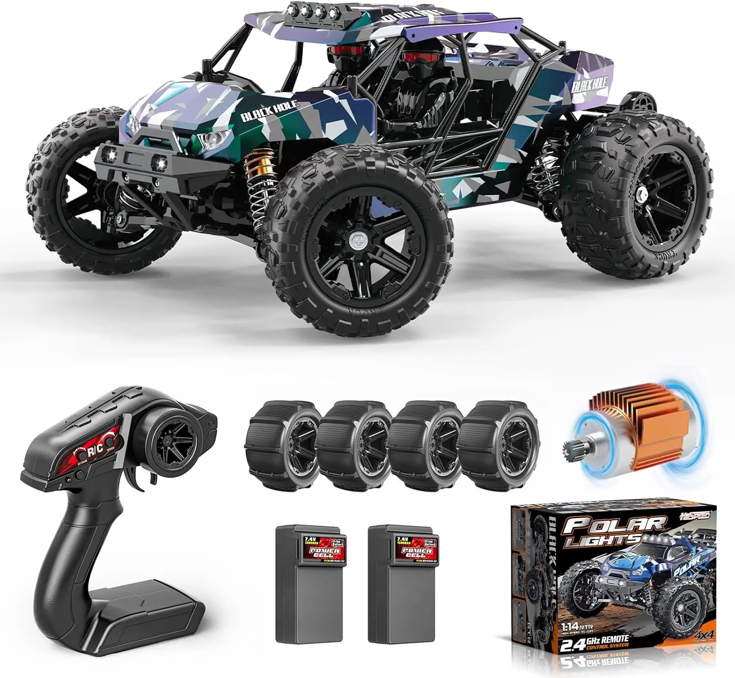 

1:14 Scale 4WD Remote Control Desert Truck, High Speed 40 km/h for Adults and Boys, 4x4 Off-Road RC Vehicle with 2 Rechargeable 1300mAh Batteries and 2 Sets of Tires