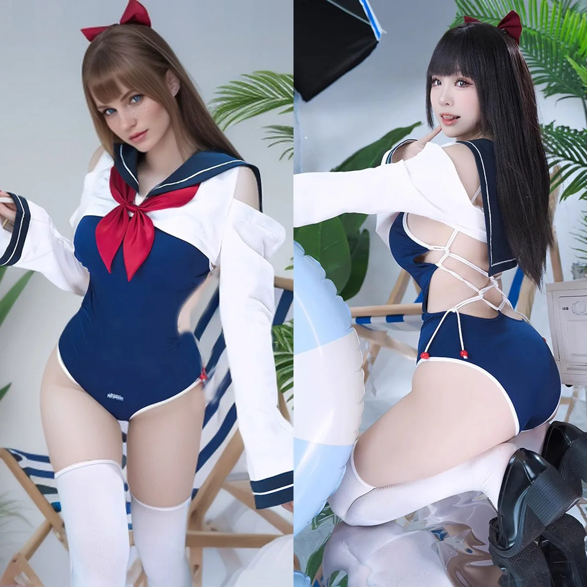

Women Japanese Preppy Style Sexy Rope-tied Backless Sleeveless Swimwear Leotards Bodysuit Sailor Suit Longsleeve Lovely CuteTops