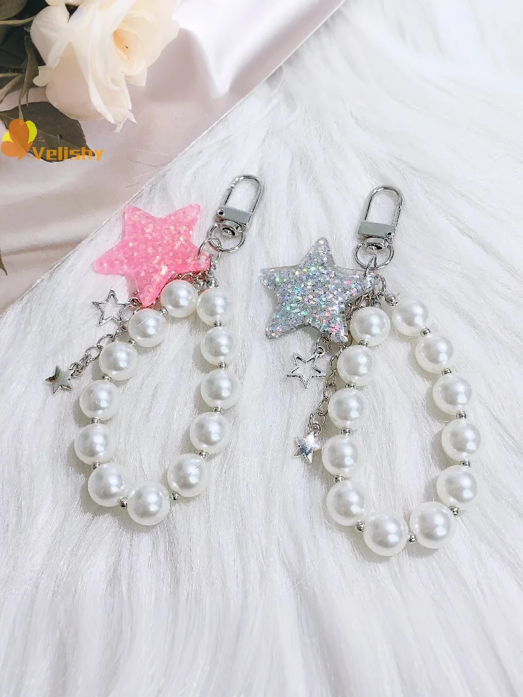 Kawaii الكرتون ستار سلسلة هواتف محمولة اللؤلؤ مطرز المفاتيح حقيبة أنيقة سحر الأزياء قلادة المفاتيح ظهره الديكور الهدايا