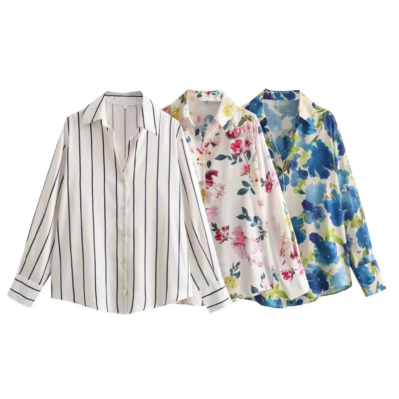 

Spring New Style Silk Satin Texture Floral Print Shirt