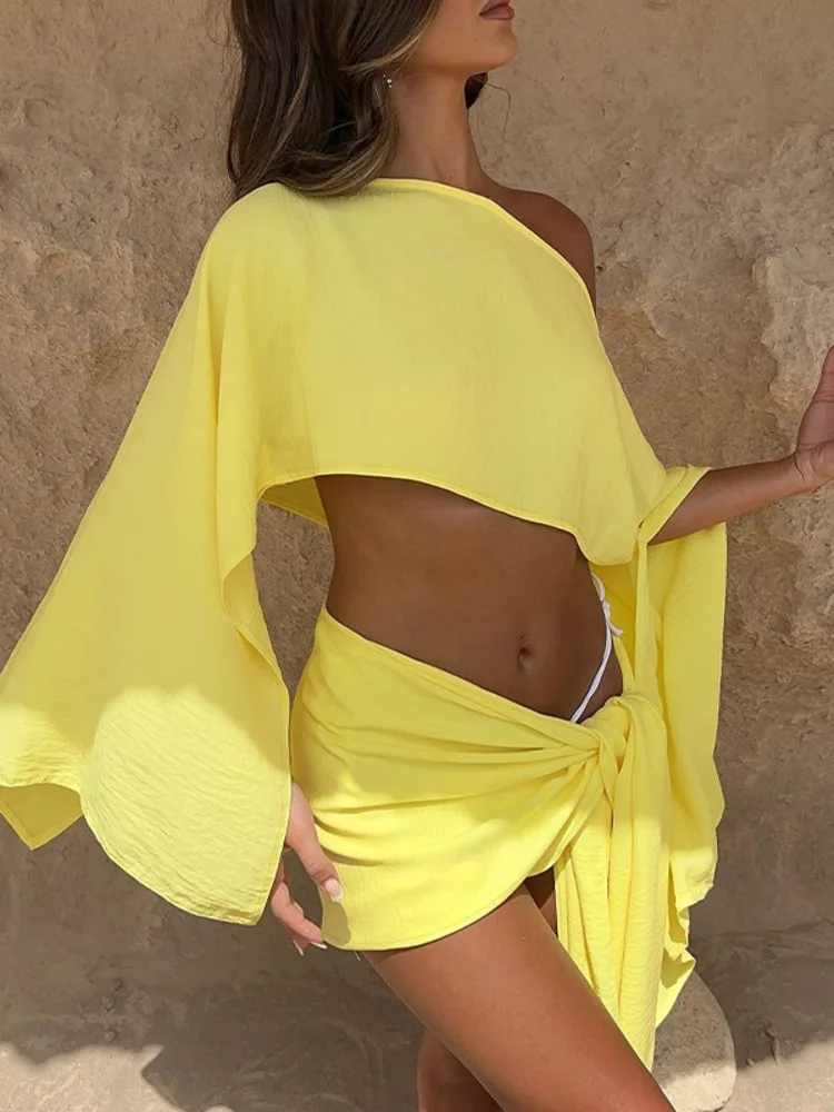 Mozision Sexy Skirt Two Piece Sets Women Skew Collar Cape Sleeve Crop Tops And Hot Skirt Matching Sets Sexy Beach Two Piece Set