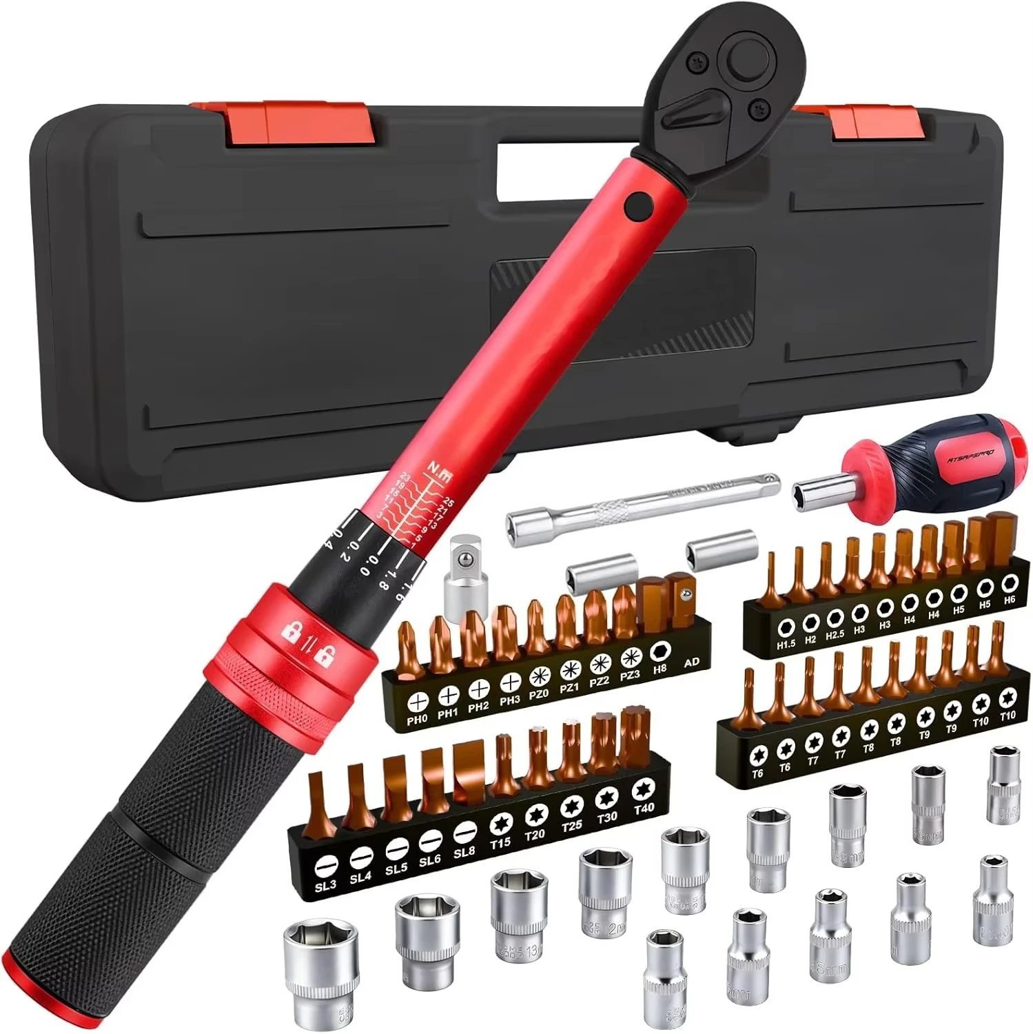 

Набор динамометрических ключей для велосипедов, 61 предмет, 1-25 Нм, малый динамометрический ключ с приводом 1/4 дюйма, включая адаптер 1/4-3/8 дюйма