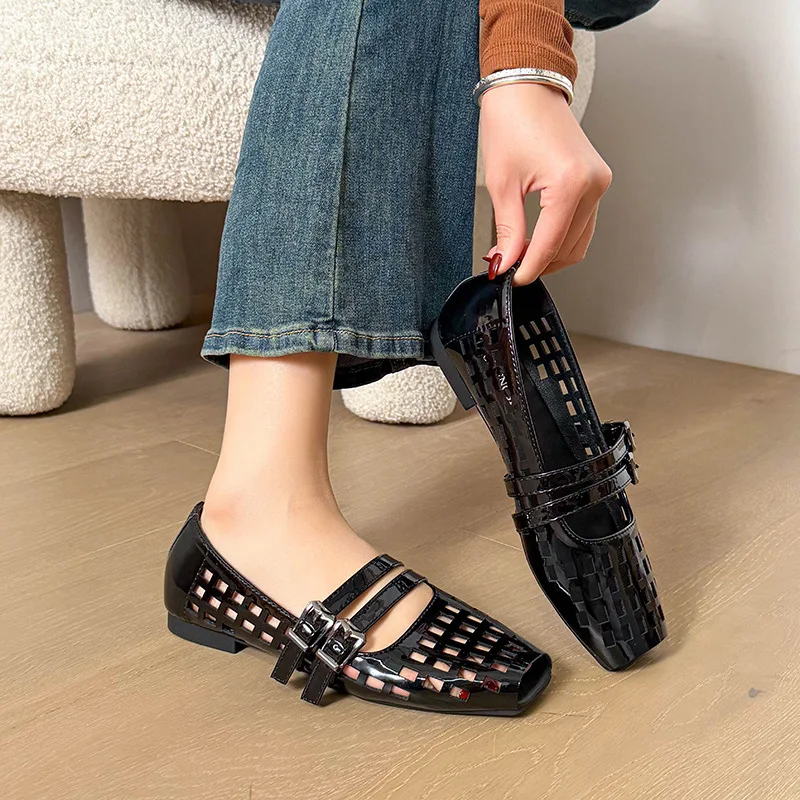 

Hollow Out Loafers Women Shoes Ballet Flats Slip on Shoes Casual Shallow Slides Buckle Square Toe Oxfords Black Yellow Green