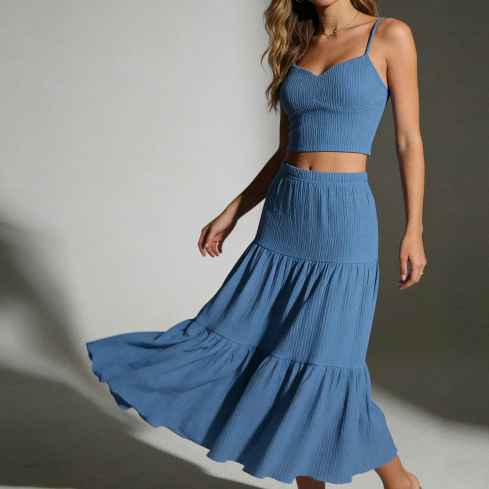 Sommerliches, lässiges, ärmelloses Camisole- und fließendes Rock-Set für Damen – leichtes, bequemes Zweiteiler-Outfit für den Strandurlaub