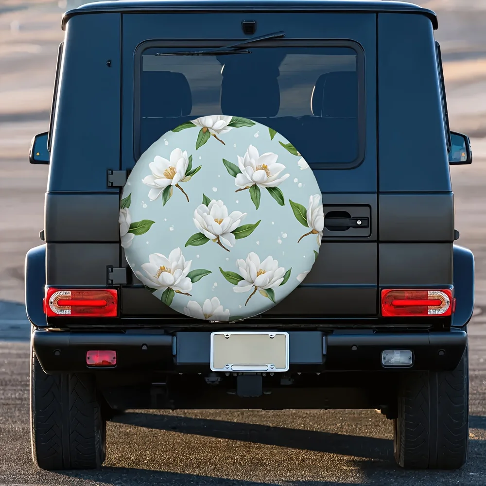 

White Magnolia Flowers Tire Cover Waterproof Polyester Spare Wheel Protector for SUV Truck