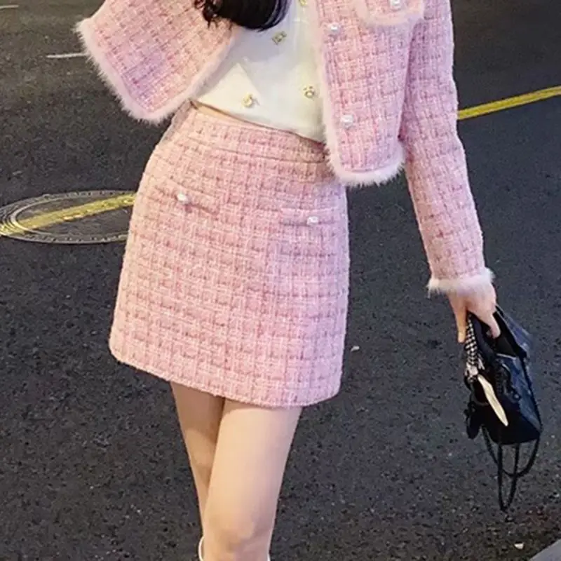 Winter Women\'s Tweed Suits Fashion Celebrity Senior Thickened Long Sleeve Short Tweed Blazer Jacket Mini Skirt 2pcs Matching Set