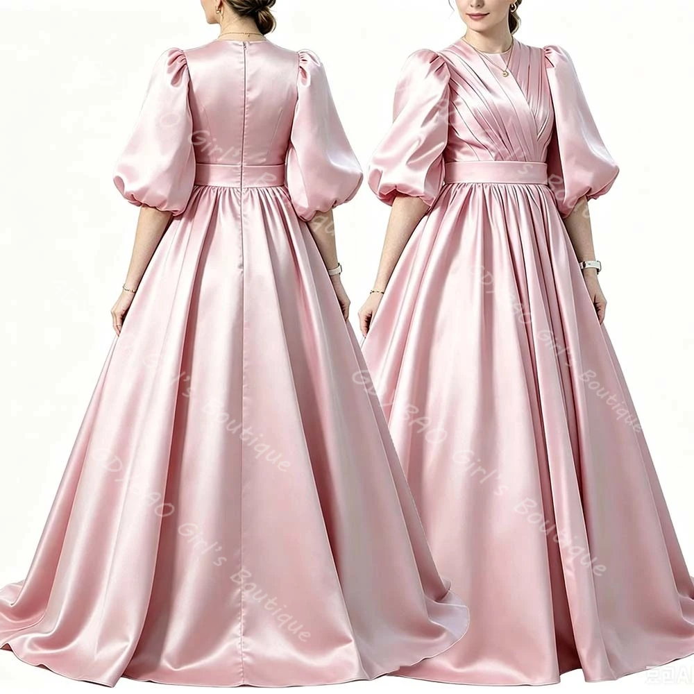 A-line/Princess Pleated Satin Flower Girl Dress O Neck Balloon Sleeves Wedding Party Communion Dress Custom Children‘s Clothing