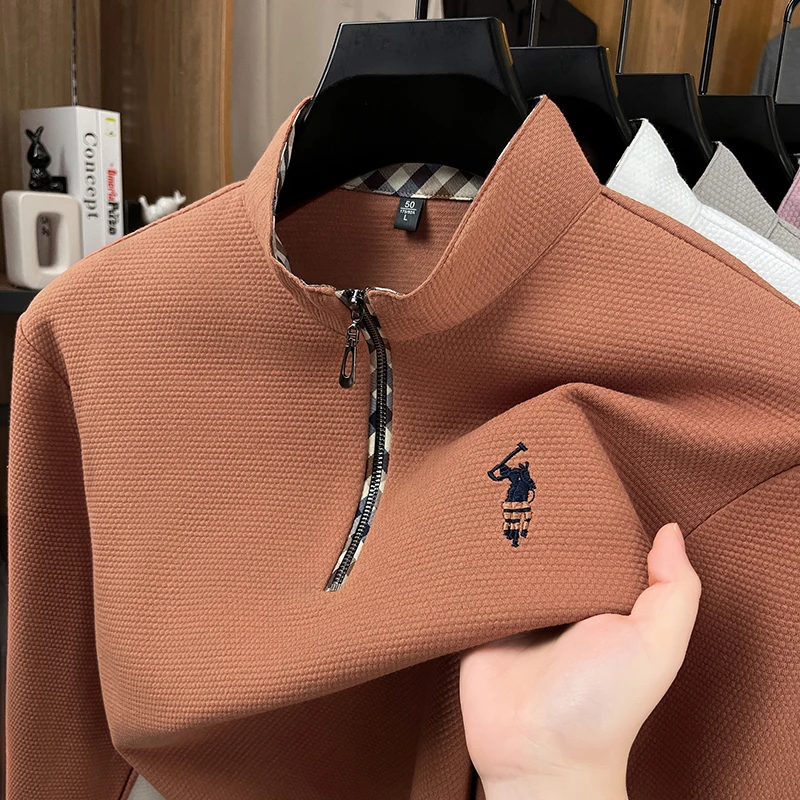 

High End Pure Cotton Stand Up Collar Polo Shirt Sweatshirt, Men's Embroidered Small Horse Logo Long Sleeved T-shirt