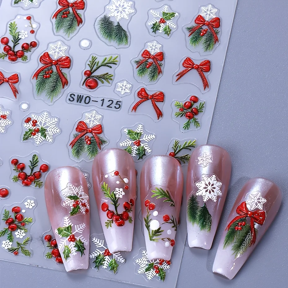 Christmas 5D Embossed Nail Stickers Red Bow Ribbon Holly Snowflake Christmas Winter Nail Art Decals Self-Adhesive Sliders DIY
