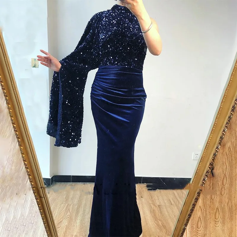 Nieuwe Gewaden Pailletten Een Schouder Bat Mouwen Formele Partij Jassen Navy Blue Satin Mermaid Sexy Avondjurk Vestidos De Noche 2023