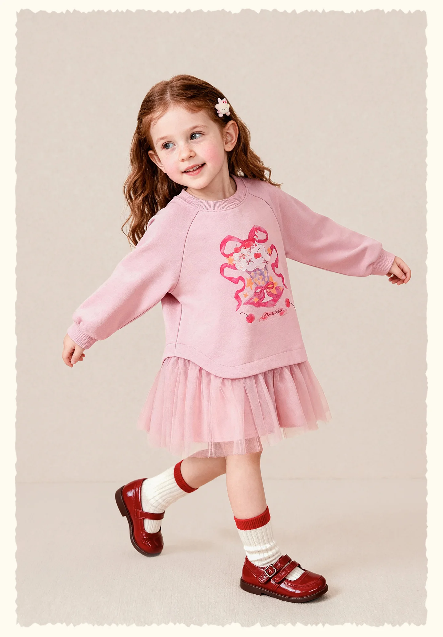 Amila 2026 Herbst Neues Kinder-Mädchen-Mesh-Splice-Kleid Niedliches Eiscreme-Muster Süßes Liebliches Prinzessinnen-Partykleid – Detail 10