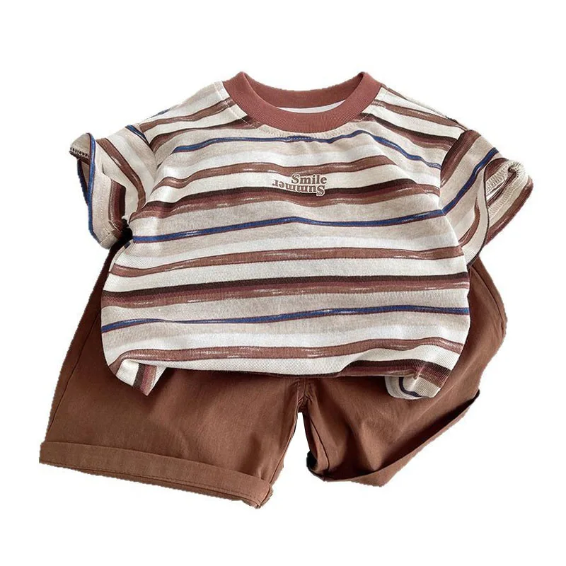 

Kids Boutique Clothing Set 2025 Summer Baby Boy Clothes Korean Casual Striped Short Sleeve T-shirts Tops and Shorts Boys Outfits