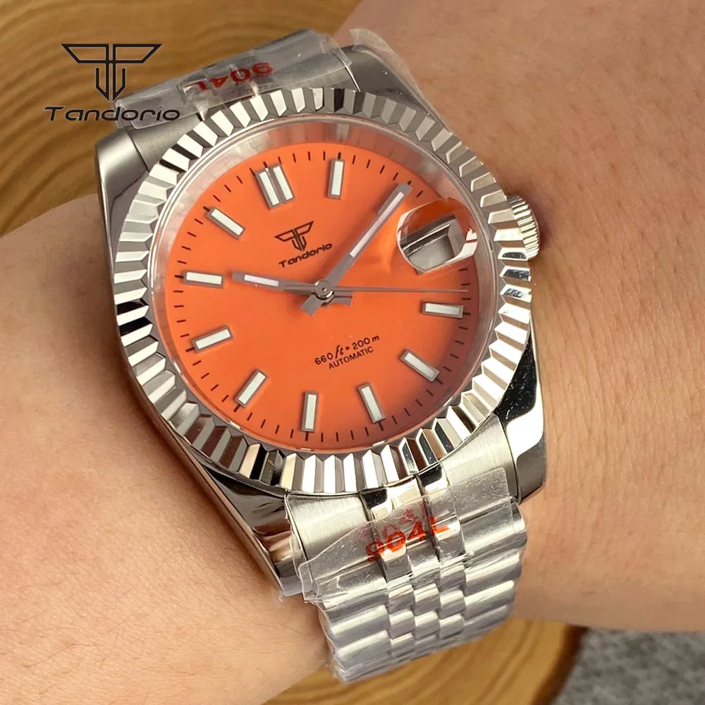 Tandorio NH35A 39mm/36mm Relógio Automático Masculino de Aço Inoxidável 316L Data Safira Relógios Mecânicos Sunburst Moldura Canelada Lume