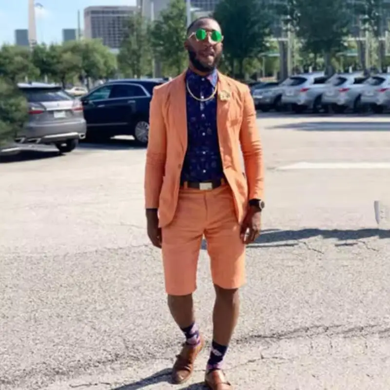 Latest Design Summer Orange Men Suit Jacket With Short Pants Set Summer Beach Groom Trajes De Hombr Cutsom Slim Fit 2 Piece Suit
