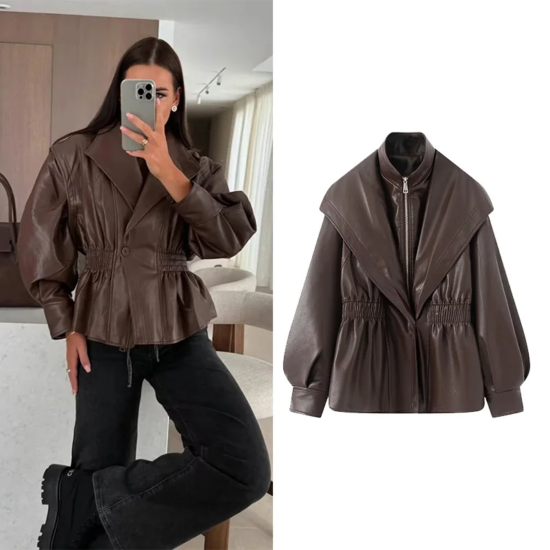 

NERHEFZ женская кожаная куртка с широкими плечами, осенние винтажные женские пальто с завязкой на талии и длинными рукавами, повседневные женские шикарные топы