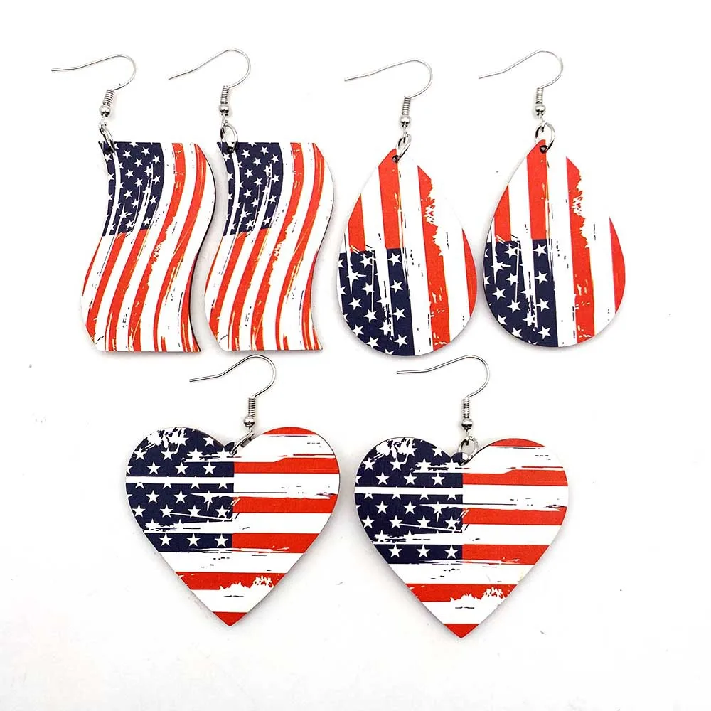 New Independence Day Wooden Earrings for Women American Flag Heart Five-pointed Star Teardrop Earring USA Patriotic 4th of July