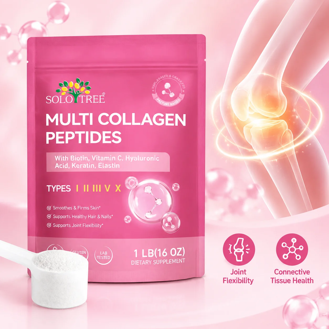 SOLOTREE Multi Collagen Peptides Powder Supports Joint Flexibility and Connective Tissue Health with Vitamin C - 41 Servings