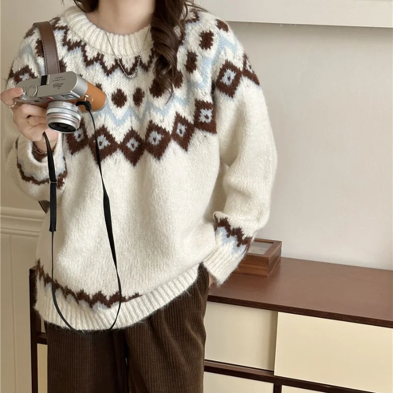 Deeptown Vintage Fair Isle sweter wanita Korea Fashion lengan panjang rajutan pullover longgar musim gugur musim dingin Preppy Argyle Jumper