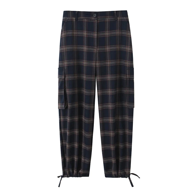 レディーススーツ 2025 冬新作 ディープブルー チェック柄 長袖 ルーズ フーディージャケット＆ワークパンツセット おしゃれでスタイリッシュ