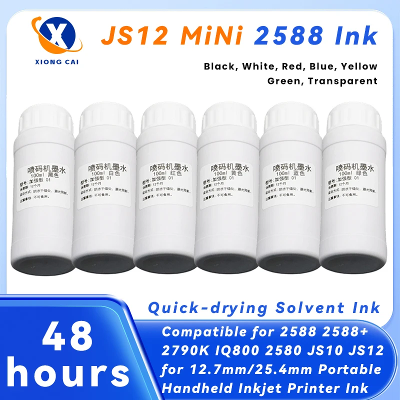Refillable Ink 100ML Quick-drying Solvent Ink compatible 2588 JS10 JS12 for 12.7mm 25.4mm MiNi Printer Portable Handheld Printer
