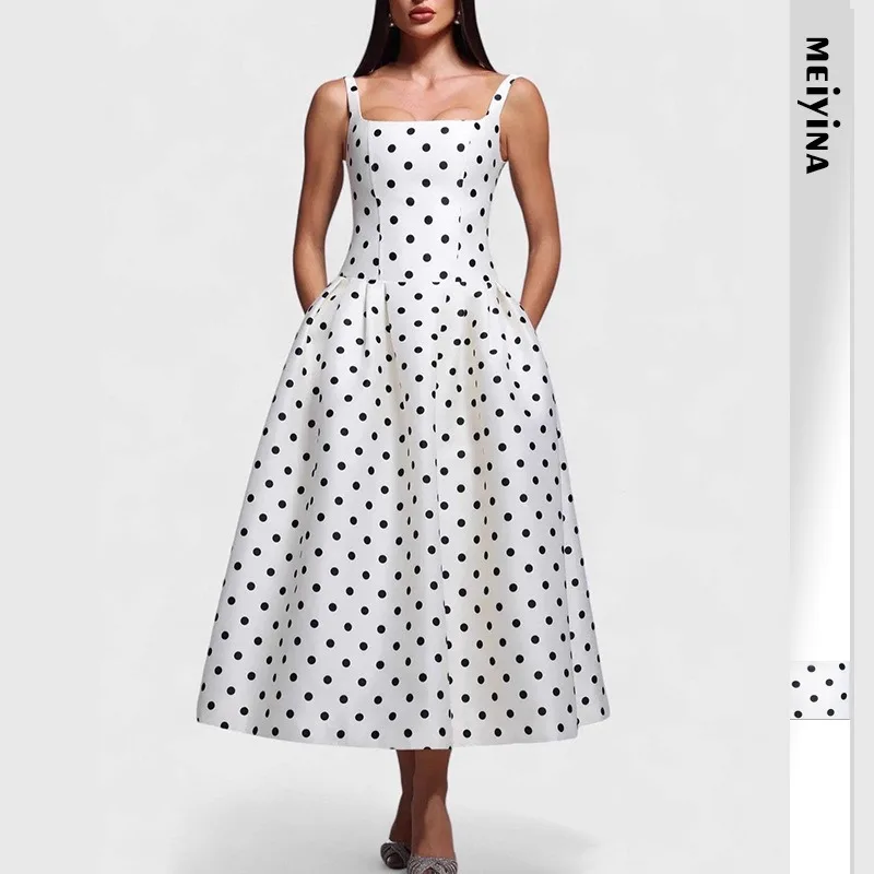 Neues weißes Polka-Dot-Kleid mit Taillengürtel und bauschigem Rock, Abendkleid für Partys und Fotoshootings, langes Kleid
