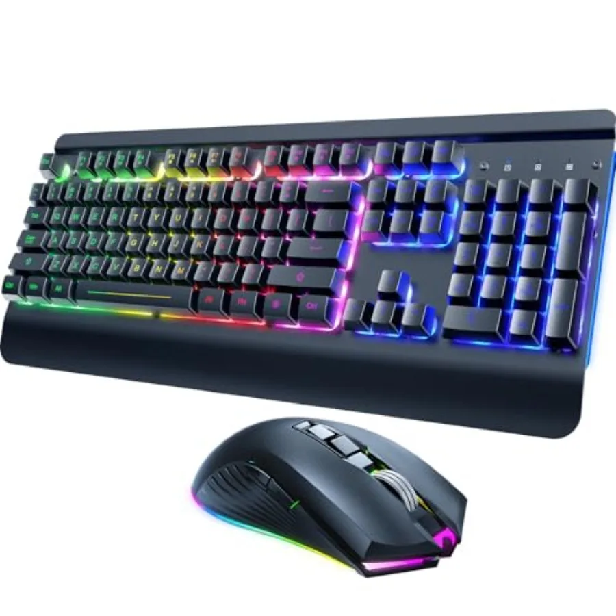 Wireless Gaming Keyboard and Mouse Combo Metal Panel 7 Color Backlits Rechargeable 3200 mAh Battery Wrist Rest Sleep Mode Light