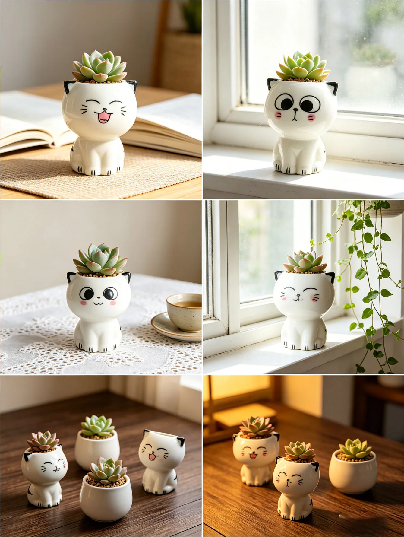 Cute Mini Cat Ceramic Flower Pot, Creative Desktop Decor. Ideal DIY Gift for Students and Daily Potted Plant Display.