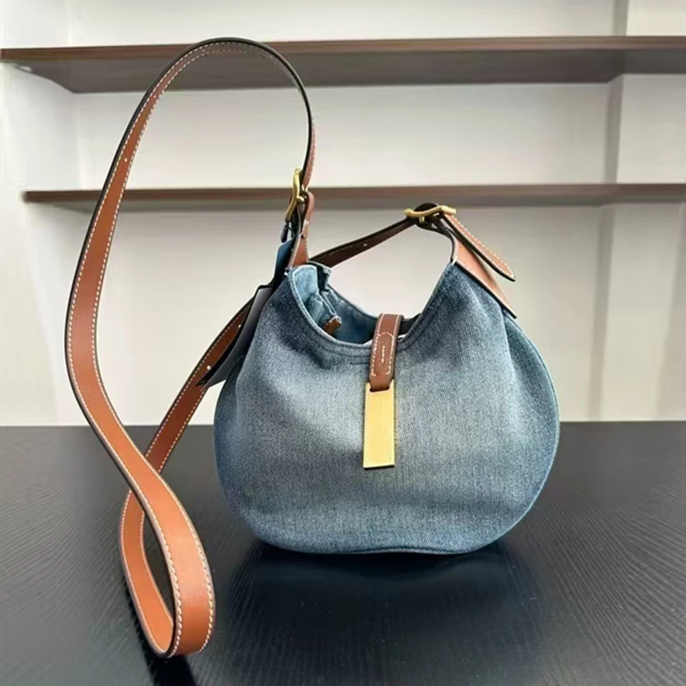 

Waed Denim Leather oulder Bag American Sle Women's Underarm Crossbody Bag Buet ape Pure Color Briti Sle Handbag